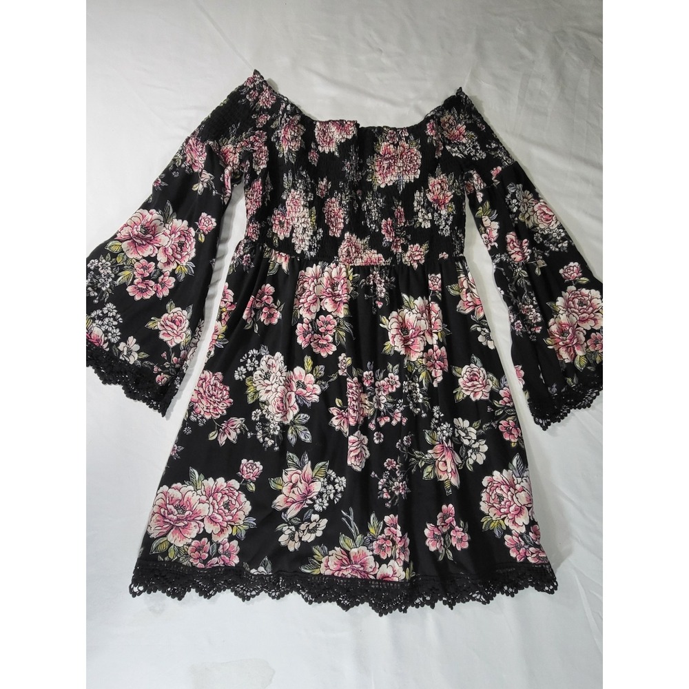 Xhilaration Floral Off Shoulder Mini Dress Black Pink Bell Sleeve Lace Trim L
